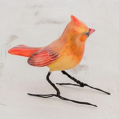 Alternate image for Handmade Cardinal Clay Bird Figurine from Guatemala Cardinal Beauty
