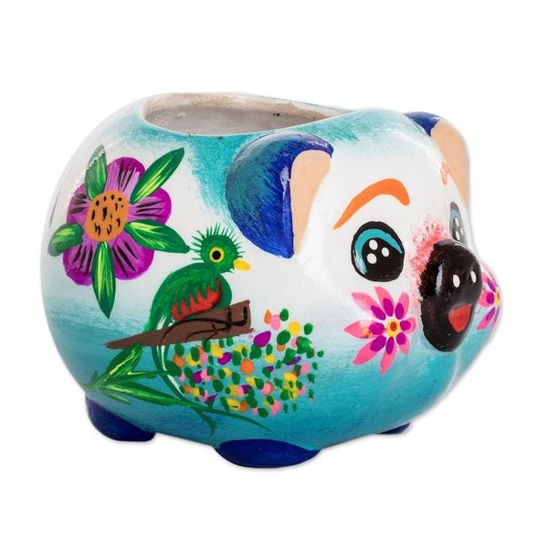 Alternate image for Handpainted Mini Ceramic Pig Flower Pot from Guatemala Herbaceous Piglet