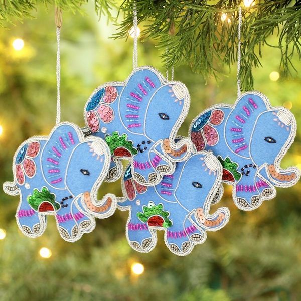 Alternate image for Set of Four Wool Beaded Elephant Ornaments from India Cerulean Elephants