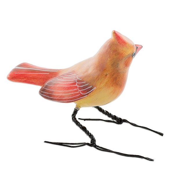 Alternate image for Handmade Cardinal Clay Bird Figurine from Guatemala Cardinal Beauty