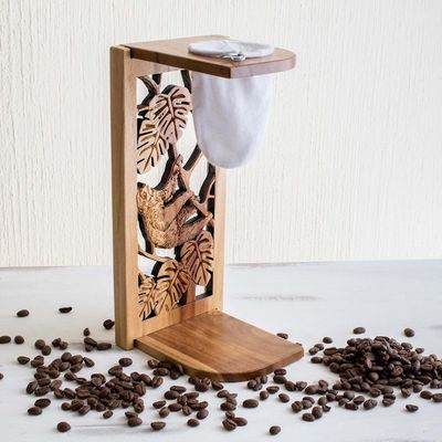 Alternate image for Hand Carved Teak Wood Drip Coffee Stand Jungle Sloth