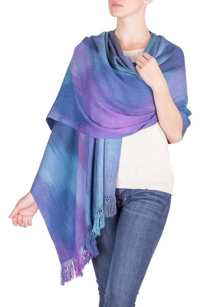 Alternate image for Guatemalan Hand Woven Shawl in Blues and Orchids Blue Orchids