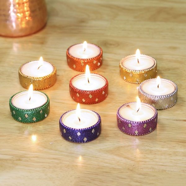 Alternate image for Sparkling Assorted Colors Resin-Coated Tea Lights Set of 8 Festive Colors