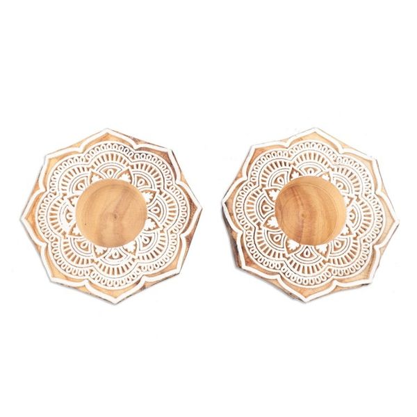 Alternate image for Wood Tealight Candle Holders with Floral Motif Pair Lotus Mandala