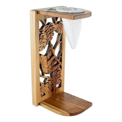 Alternate image for Hand Carved Teak Wood Drip Coffee Stand Jungle Sloth