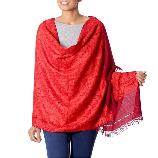 Alternate image for Red Embroidered 100 Wool Shawl from India Ruby Romance