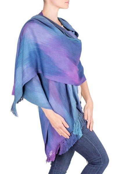 Alternate image for Guatemalan Hand Woven Shawl in Blues and Orchids Blue Orchids