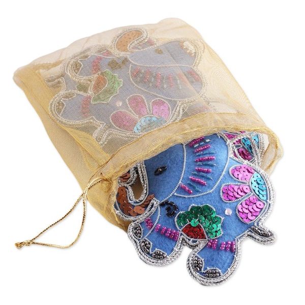 Alternate image for Set of Four Wool Beaded Elephant Ornaments from India Cerulean Elephants