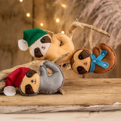 Alternate image for Set of 6 Handmade Christmas Sloth Ornaments from Guatemala Sweet Christmas Sleepers
