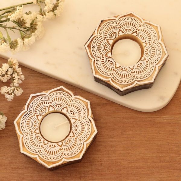 Alternate image for Wood Tealight Candle Holders with Floral Motif Pair Lotus Mandala