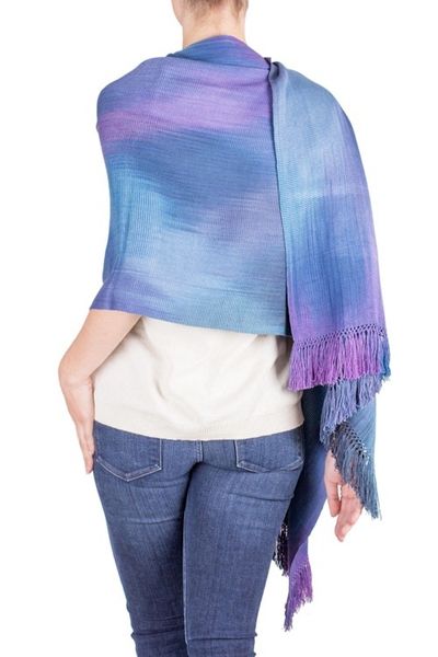 Alternate image for Guatemalan Hand Woven Shawl in Blues and Orchids Blue Orchids