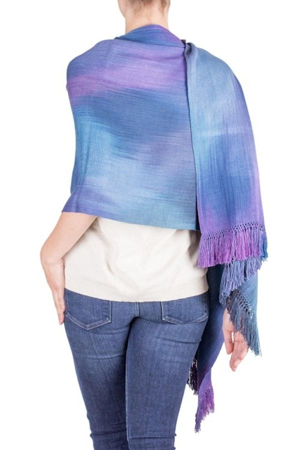Alternate image for Guatemalan Hand Woven Shawl in Blues and Orchids Blue Orchids