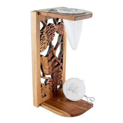 Alternate image for Hand Carved Teak Wood Drip Coffee Stand Jungle Sloth