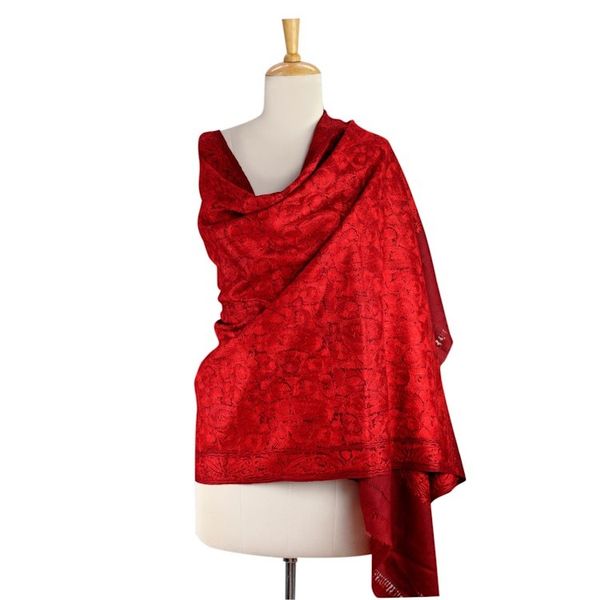 Alternate image for Red Embroidered 100 Wool Shawl from India Ruby Romance