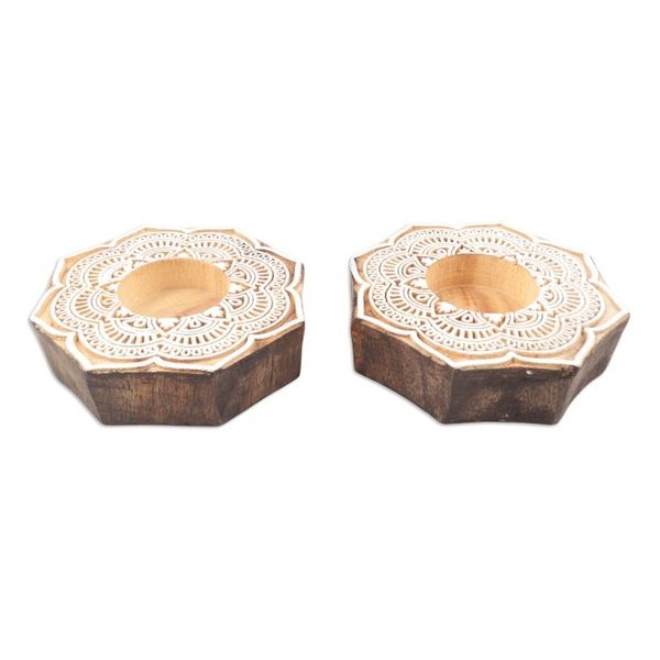 Alternate image for Wood Tealight Candle Holders with Floral Motif Pair Lotus Mandala