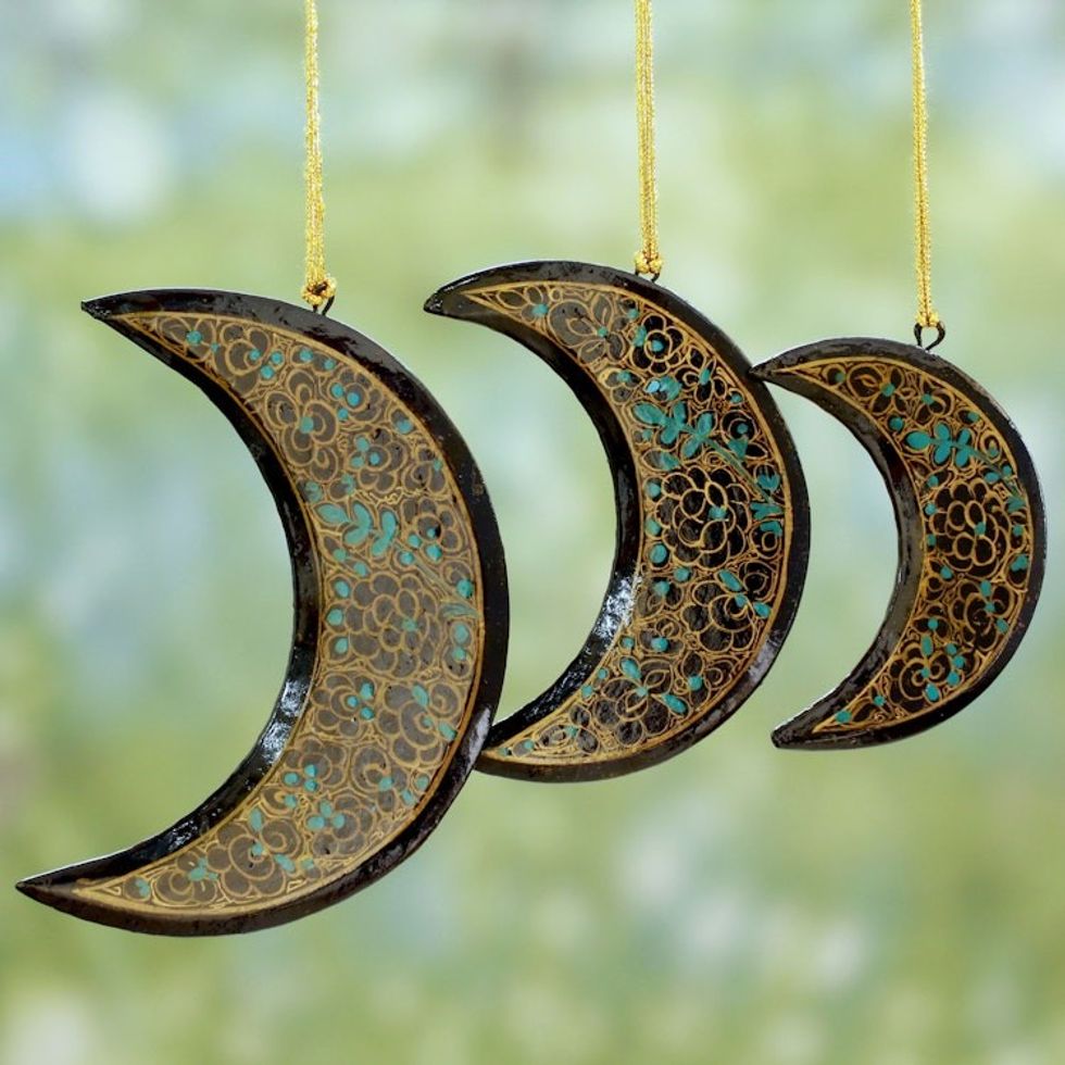 Fair Trade Hand Painted Moon Christmas Ornaments set of 3 'Midnight Moons'