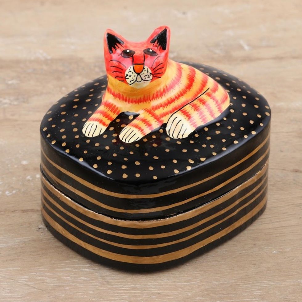 Hand-Painted Cat Papier Mache and Wood Decorative Box 'Feline Friend'