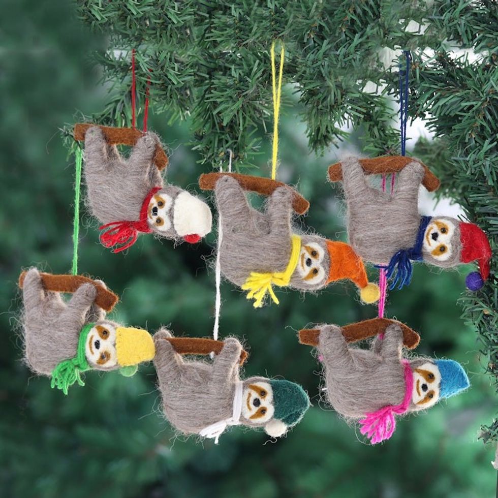 Artisan Crafted Wool Felt Ornaments Set of 6 'Sweet Sloths'