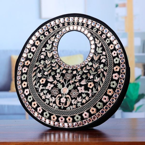 Alternate image for Floral Embroidered Black Faux Velvet Handbag in Bright Hues Jaipur Paradise