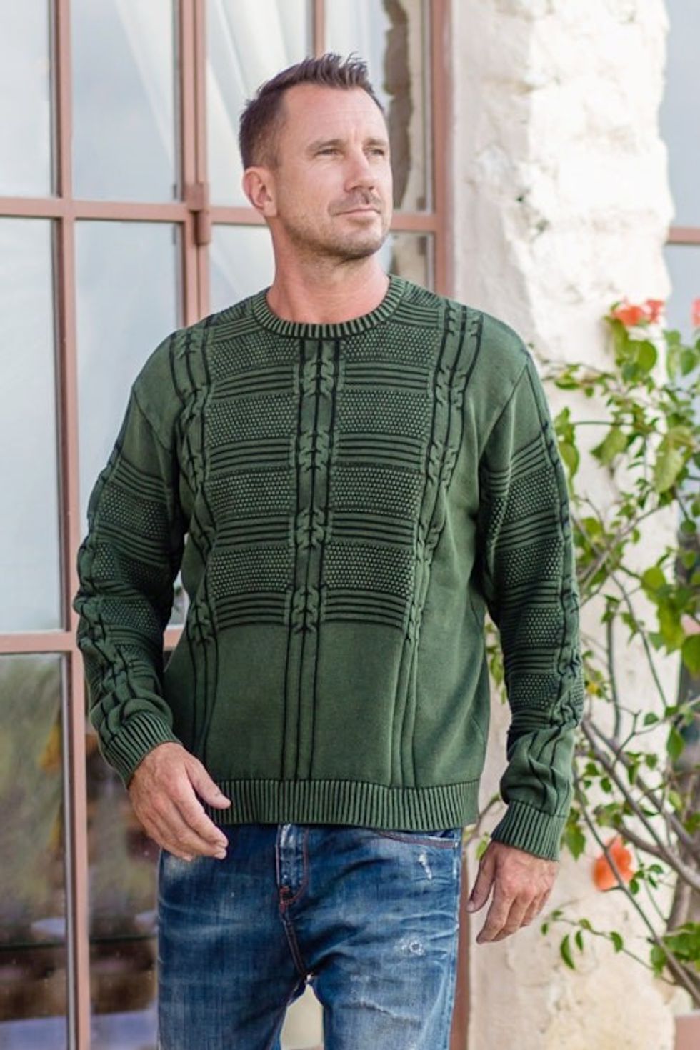 Men's Green Cotton Sweater with a Unique Pattern from India 'Gallant Green'