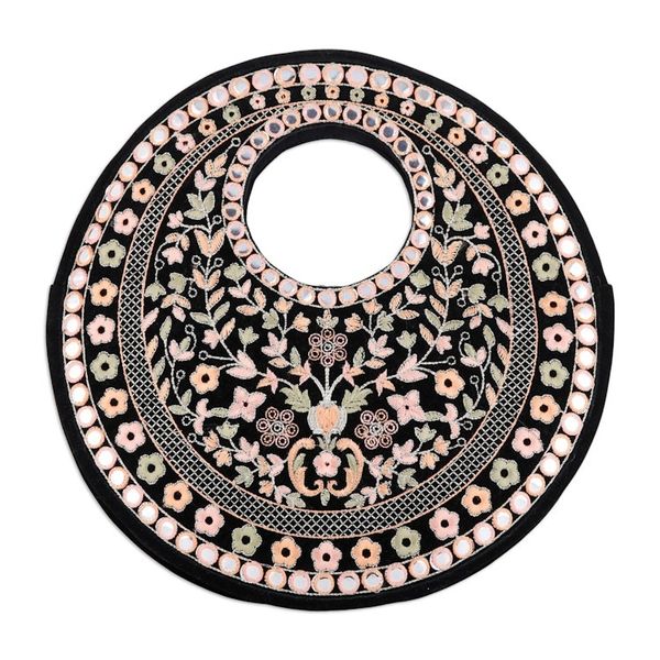 Alternate image for Floral Embroidered Black Faux Velvet Handbag in Bright Hues Jaipur Paradise