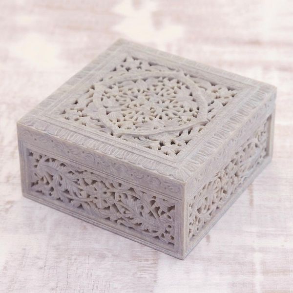 Alternate image for Indian Jali Soapstone Jewelry Box Floral Medallion