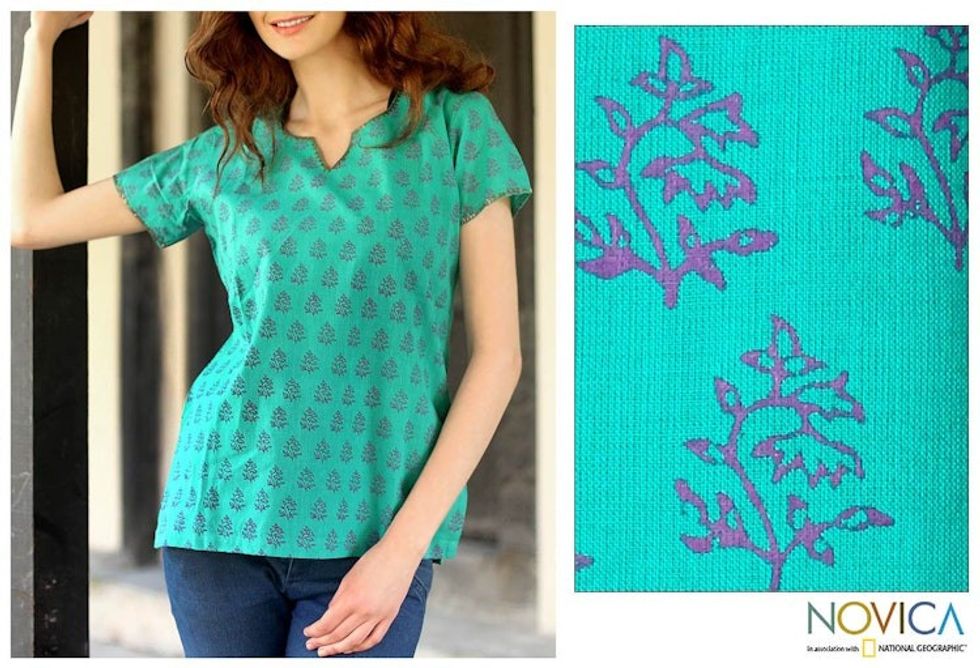 Cotton Tunic Shirt  Blue Green Block Print Floral By India 'Mumbai Bouquet'