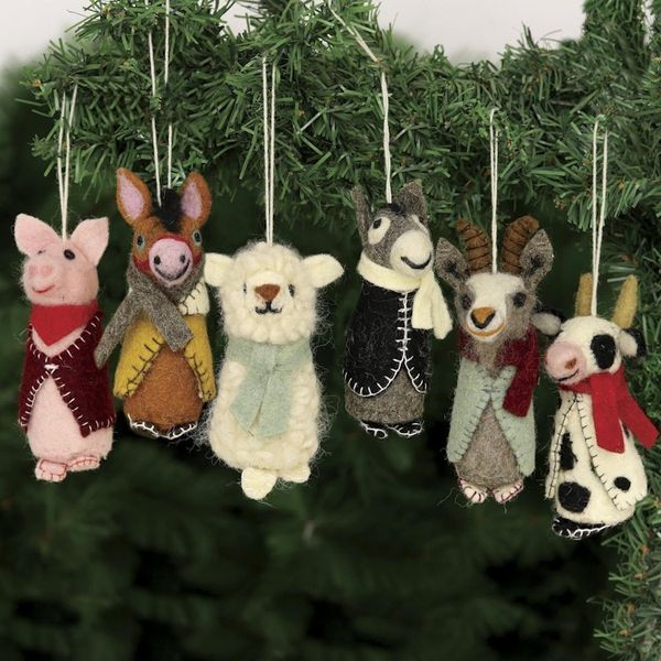Alternate image for Embroidered Wool Animal Holiday Ornaments Set of 6 Barnyard Bunch