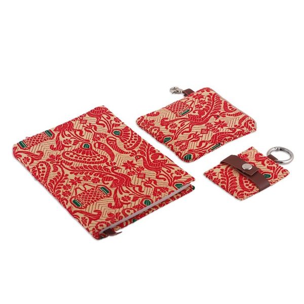 Alternate image for Leather-Accented Cotton Jacquard Journal Pouch Keychain Set Assam Beauty