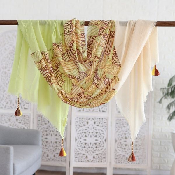 Alternate image for Paisley Chartreuse Wool and Silk Shawl with Colorful Tassels Chartreuse India