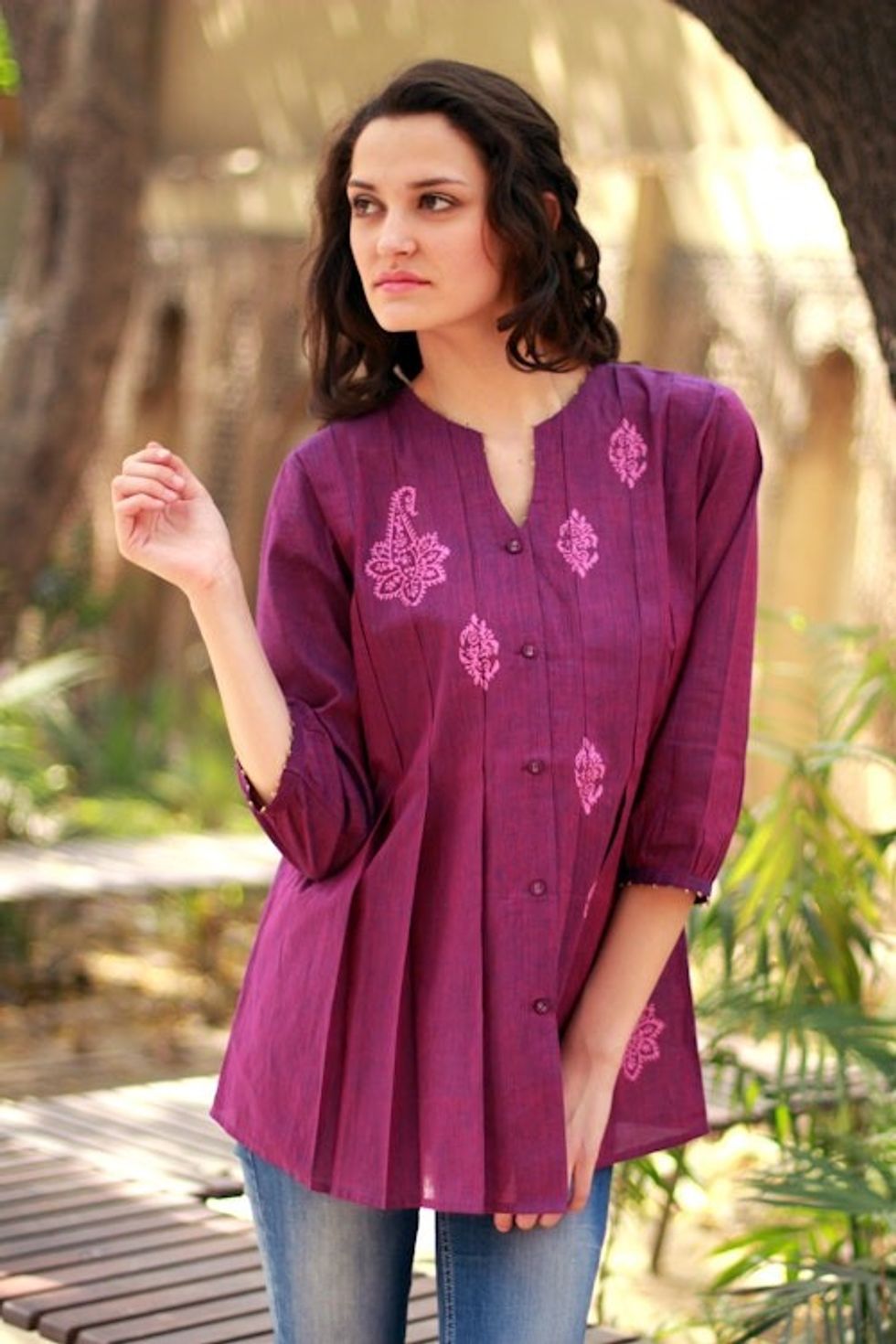 Beaded Cotton Tunic Blouse Block Printed by Hand 'Magenta Blush'