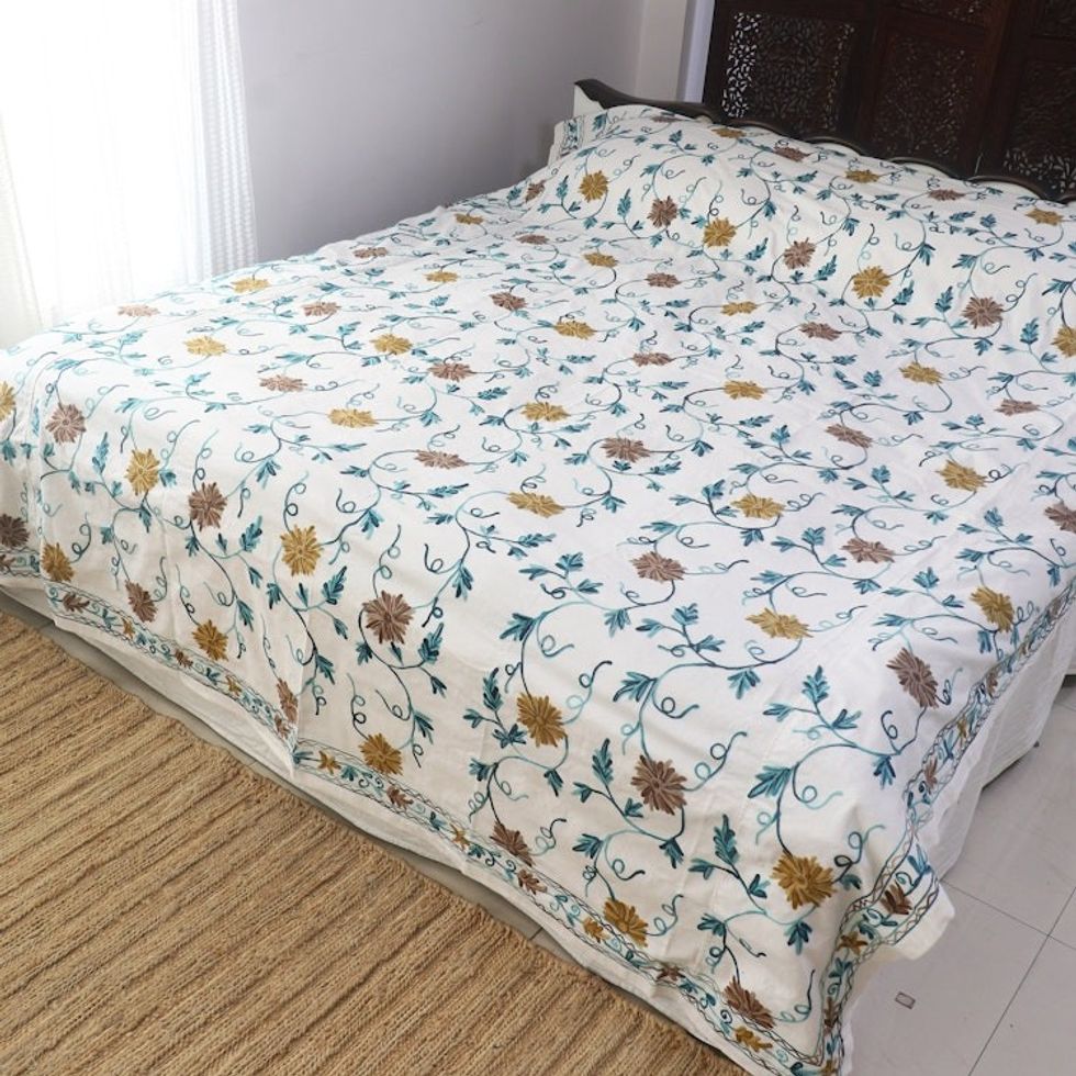 Floral Chain-stitched Cotton Twin Bedspread Crafted in India 'Kashmir Blossoms'