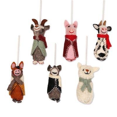 Alternate image for Embroidered Wool Animal Holiday Ornaments Set of 6 Barnyard Bunch