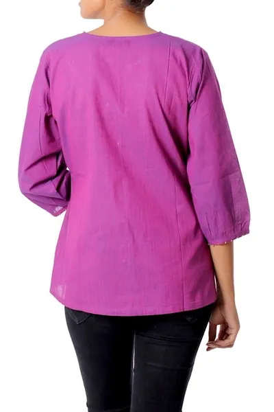 Alternate image for Beaded Cotton Tunic Blouse Block Printed by Hand Magenta Blush