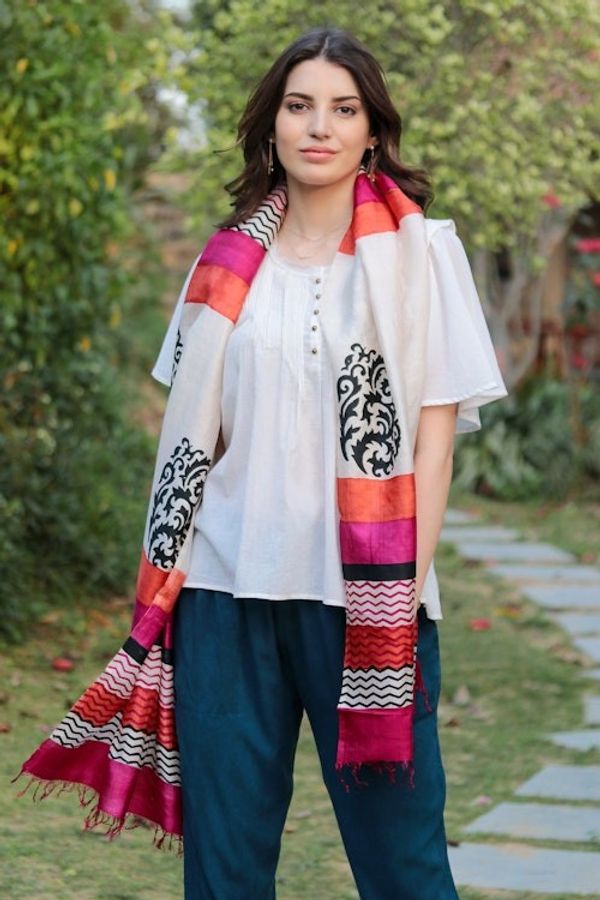Alternate image for Hand Block Printed 100 Tussar Silk Shawl from India Kolkata Joy