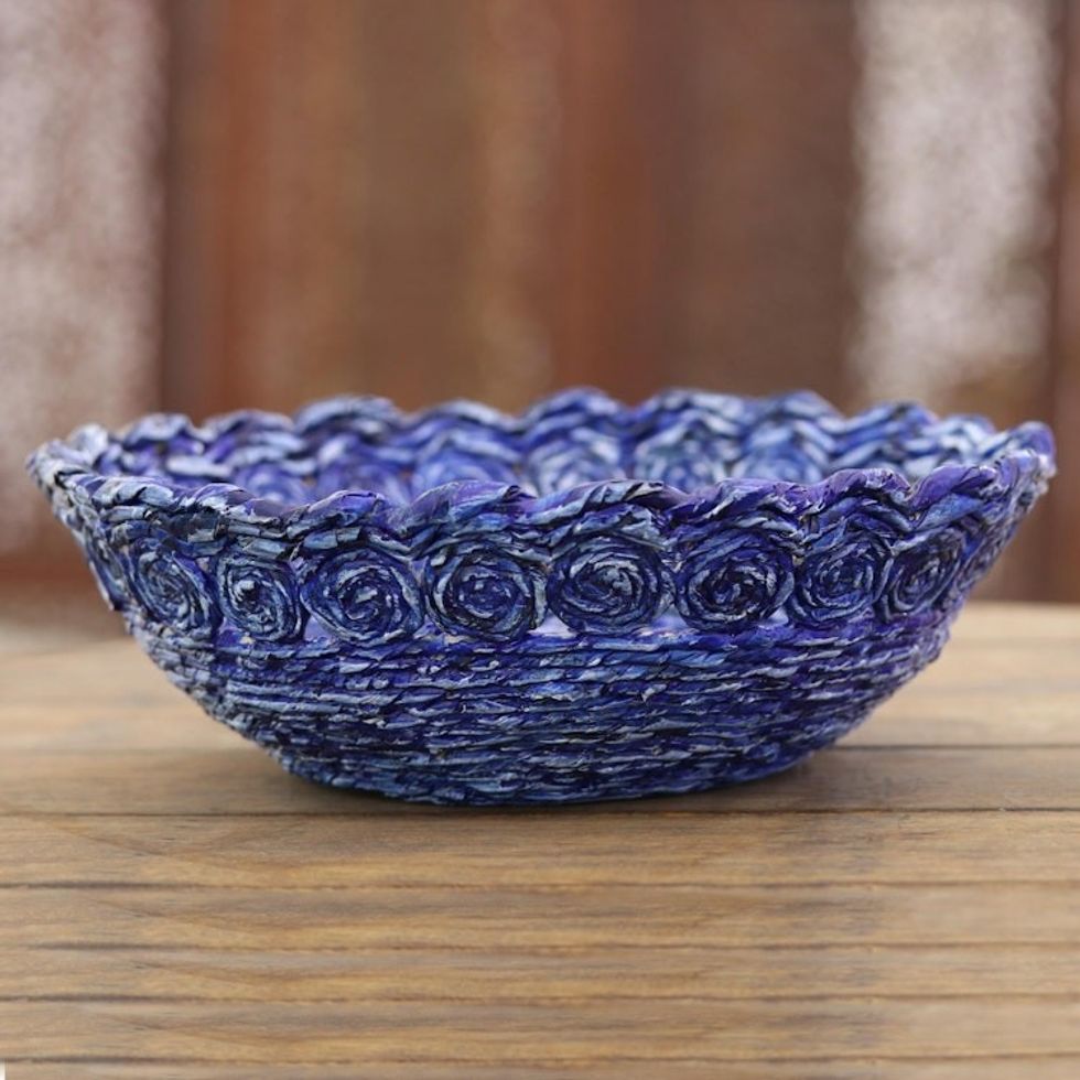 Recycled Paper Basket in Blue from India 'Beautiful Spirals in Blue'