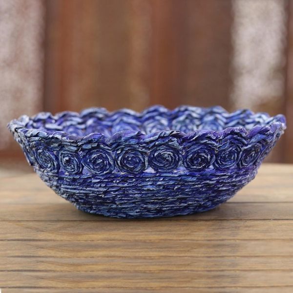 Alternate image for Recycled Paper Basket in Blue from India Beautiful Spirals in Blue