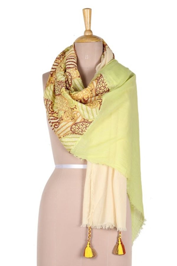 Alternate image for Paisley Chartreuse Wool and Silk Shawl with Colorful Tassels Chartreuse India