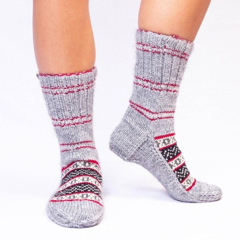 Thick Slipper Style Hand-Knit Calf-Length Grey Winter Socks 'Winter Festivity'