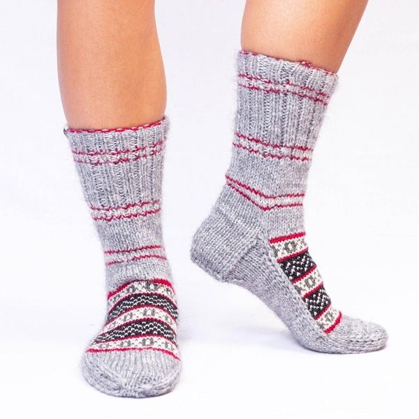 Alternate image for Thick Slipper Style Hand-Knit Calf-Length Grey Winter Socks Winter Festivity