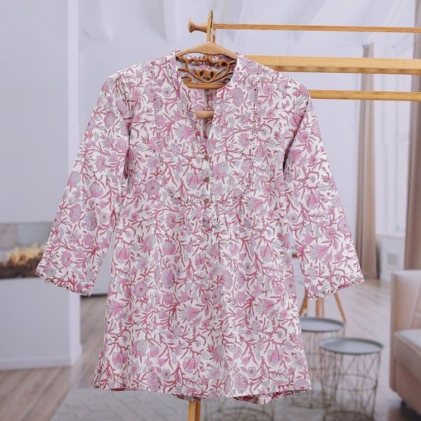 Alternate image for Block-Printed Floral Pink and Red Cotton Tunic from India Dulcet Spring