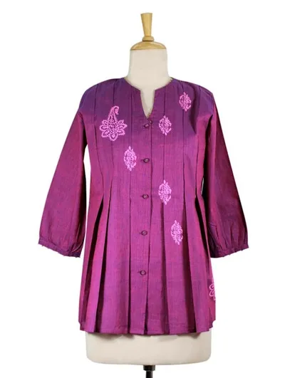 Alternate image for Beaded Cotton Tunic Blouse Block Printed by Hand Magenta Blush