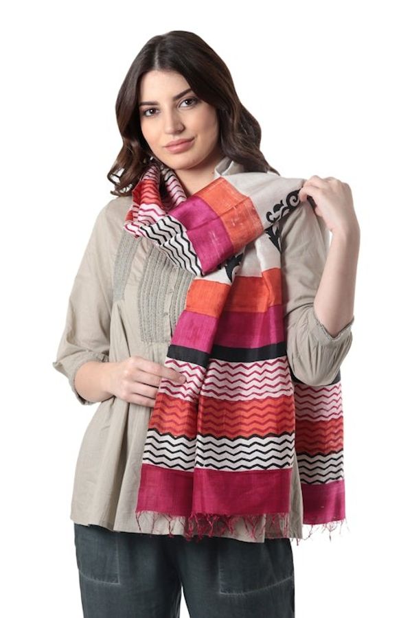 Alternate image for Hand Block Printed 100 Tussar Silk Shawl from India Kolkata Joy