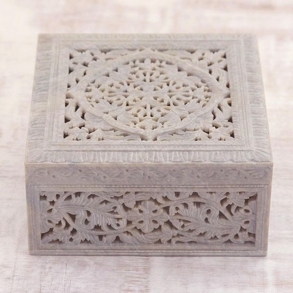 Alternate image for Indian Jali Soapstone Jewelry Box Floral Medallion