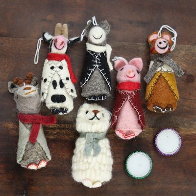 Alternate image for Embroidered Wool Animal Holiday Ornaments Set of 6 Barnyard Bunch