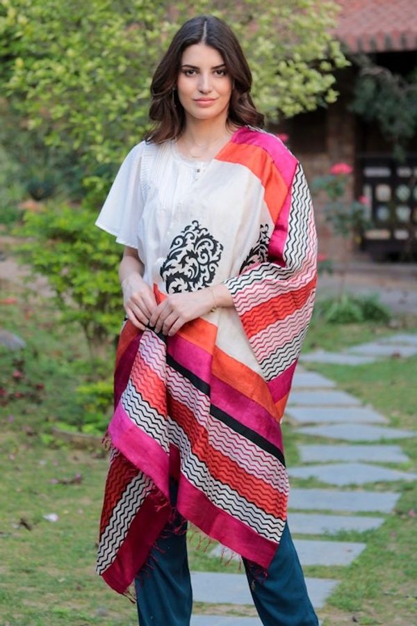 Alternate image for Hand Block Printed 100 Tussar Silk Shawl from India Kolkata Joy