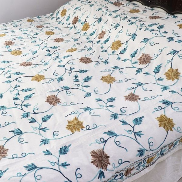 Alternate image for Floral Chain-stitched Cotton Twin Bedspread Crafted in India Kashmir Blossoms