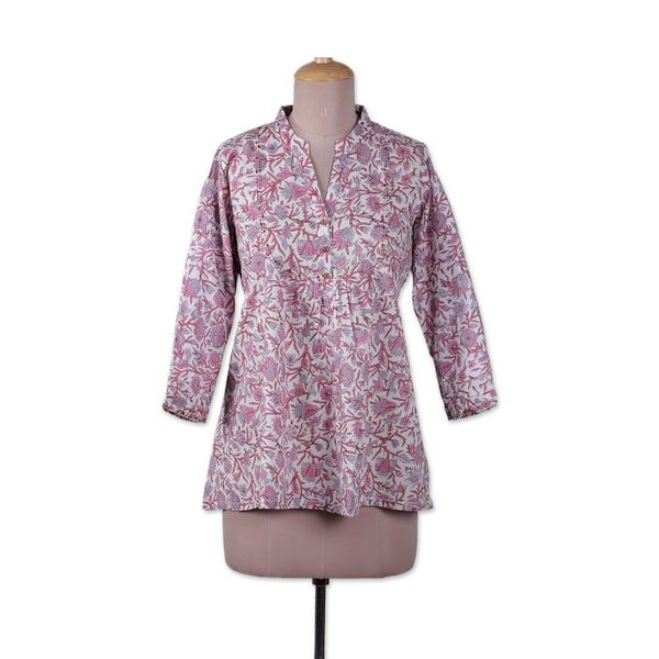 Alternate image for Block-Printed Floral Pink and Red Cotton Tunic from India Dulcet Spring