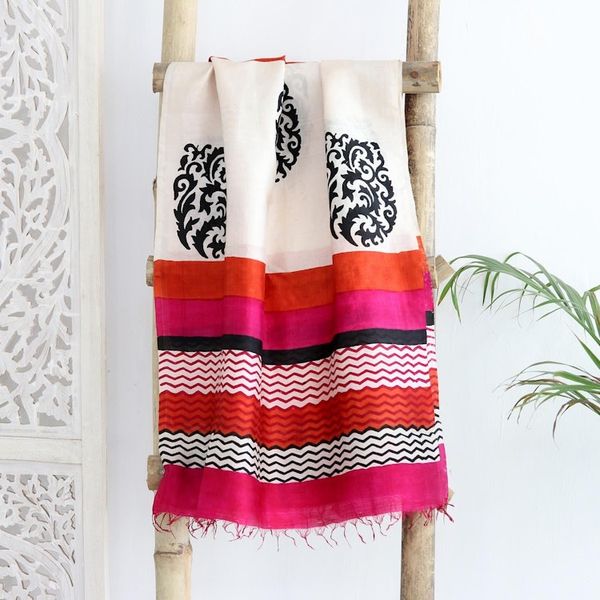 Alternate image for Hand Block Printed 100 Tussar Silk Shawl from India Kolkata Joy