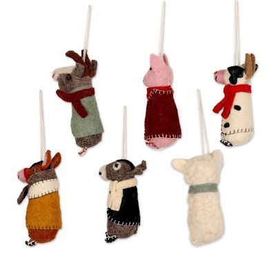 Alternate image for Embroidered Wool Animal Holiday Ornaments Set of 6 Barnyard Bunch